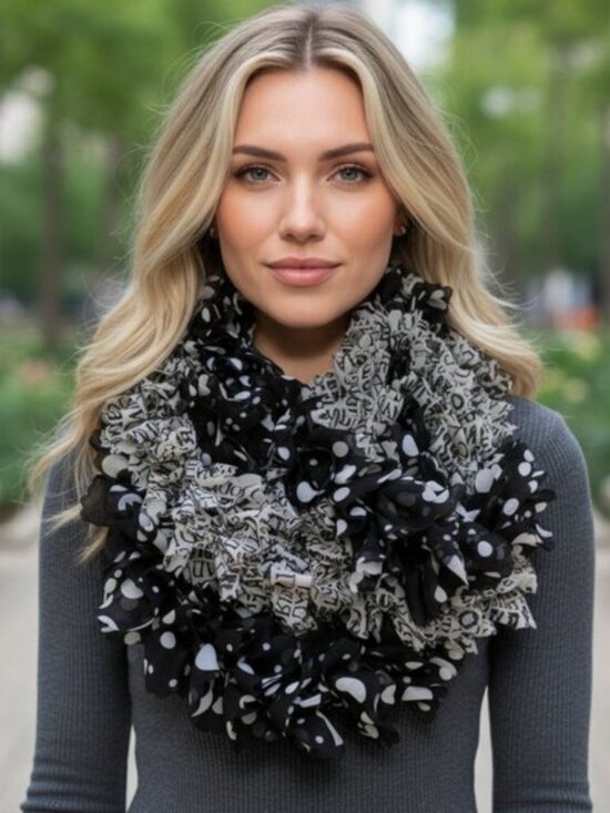 Vintage Accessories - Vintage Handmade Chiffon Pom Pom Scarf Two Scarves Shreds Polka Dots US Cities